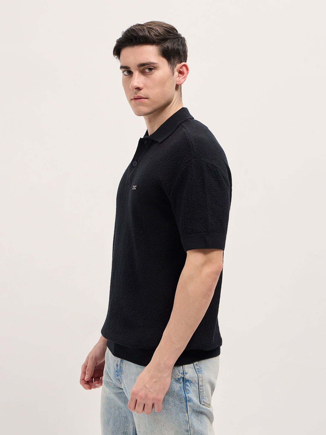 Men Black Solid Texture Knit Design Regular Fit Polo