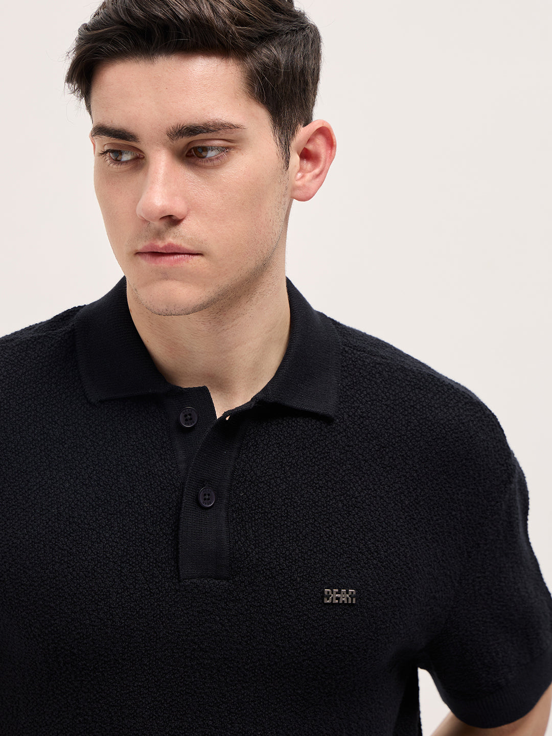 Men Black Solid Texture Knit Design Regular Fit Polo