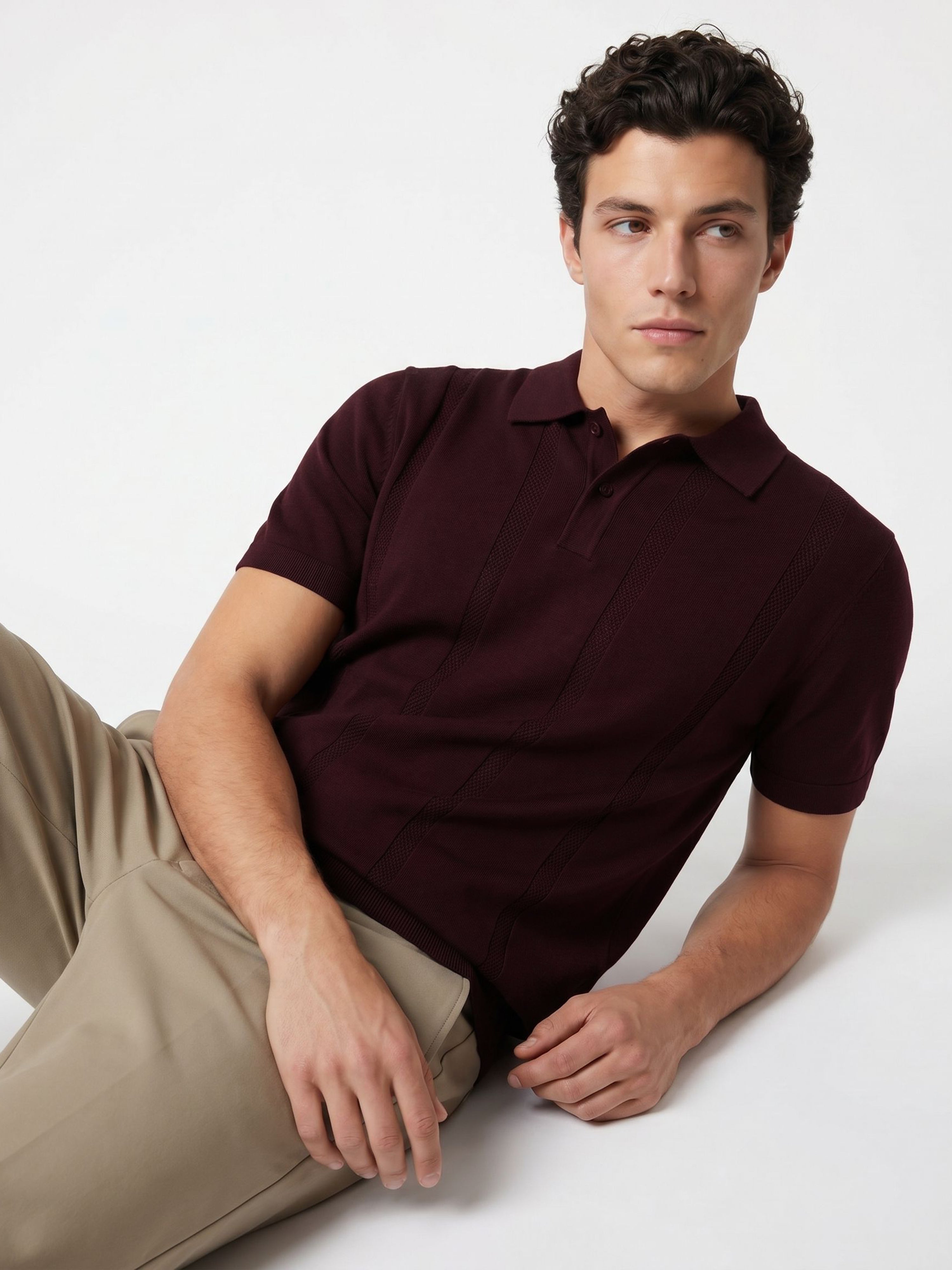 Men Maroon Solid Cotton Flat Knit Polo T-Shirt