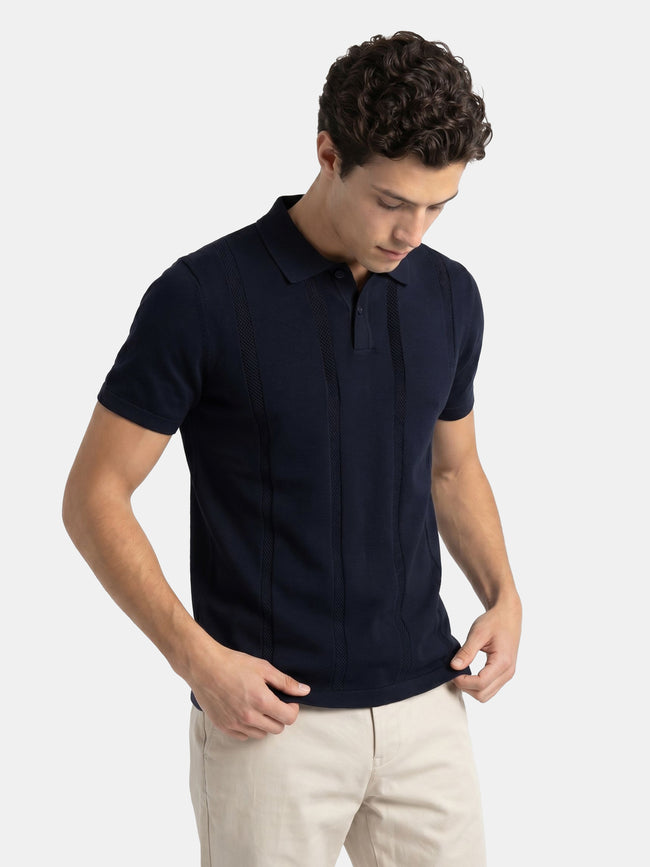 Men Navy Solid Cotton Flat Knit Polo T-Shirt