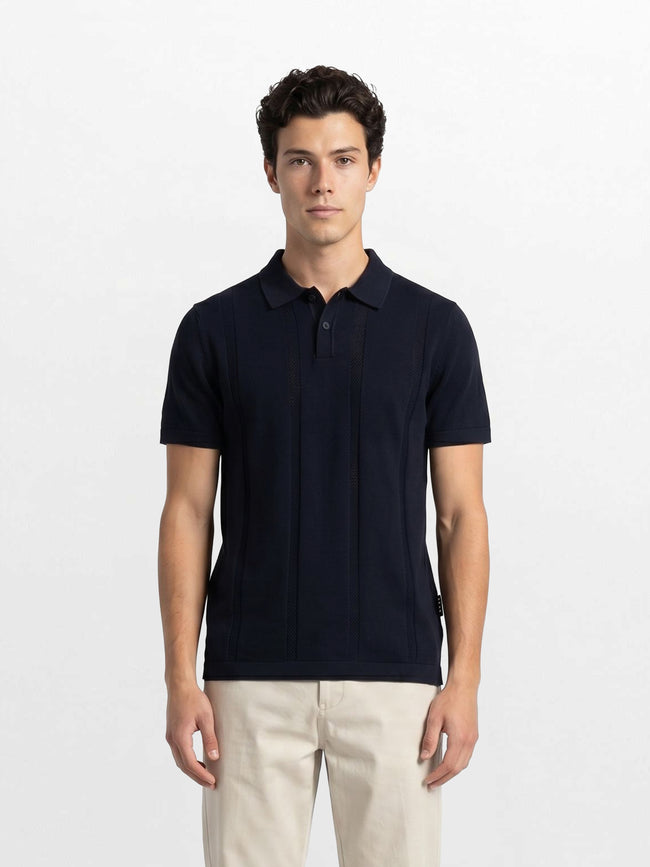 Men Navy Solid Cotton Flat Knit Polo T-Shirt