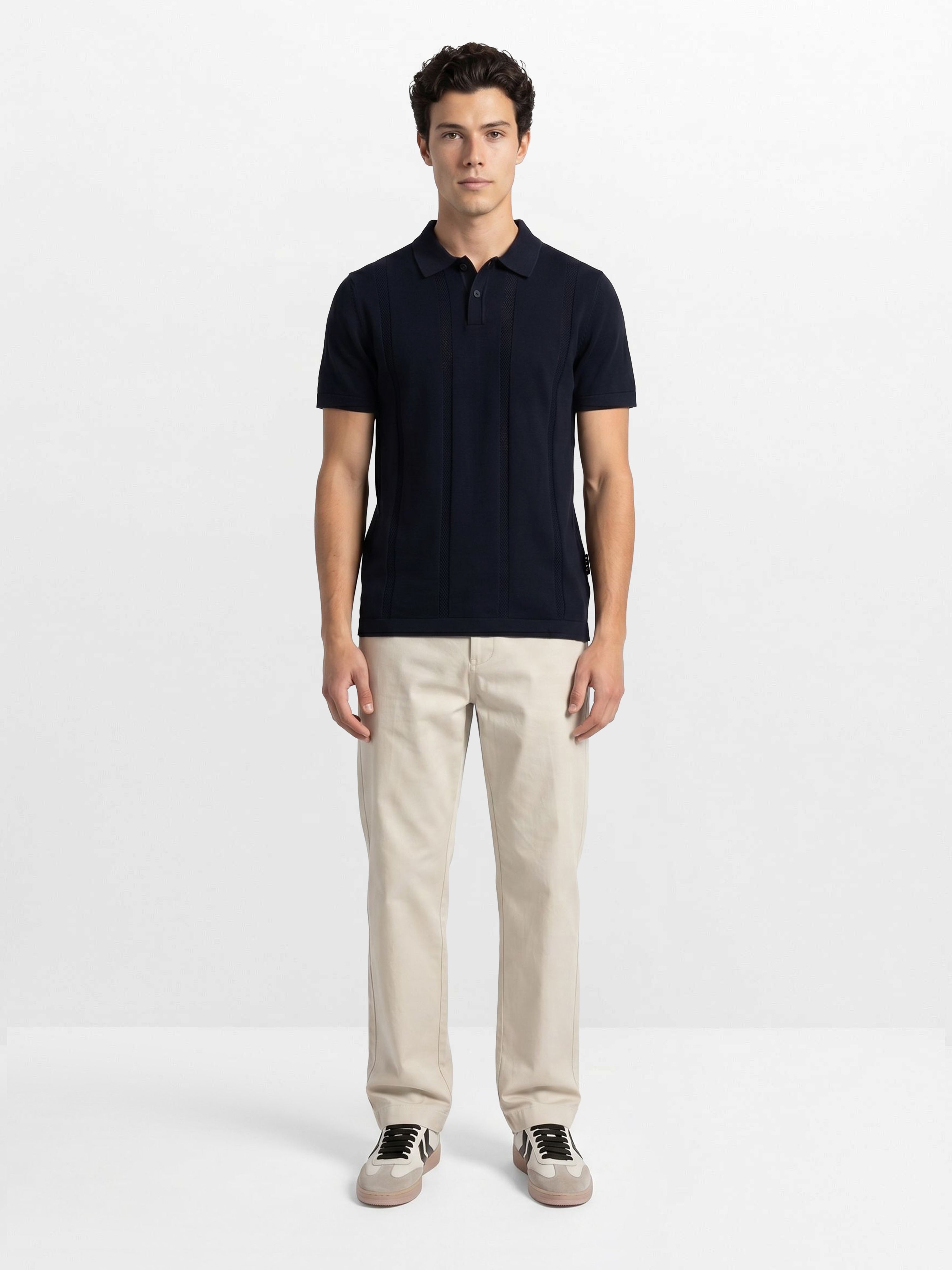 Men Navy Solid Cotton Flat Knit Polo T-Shirt