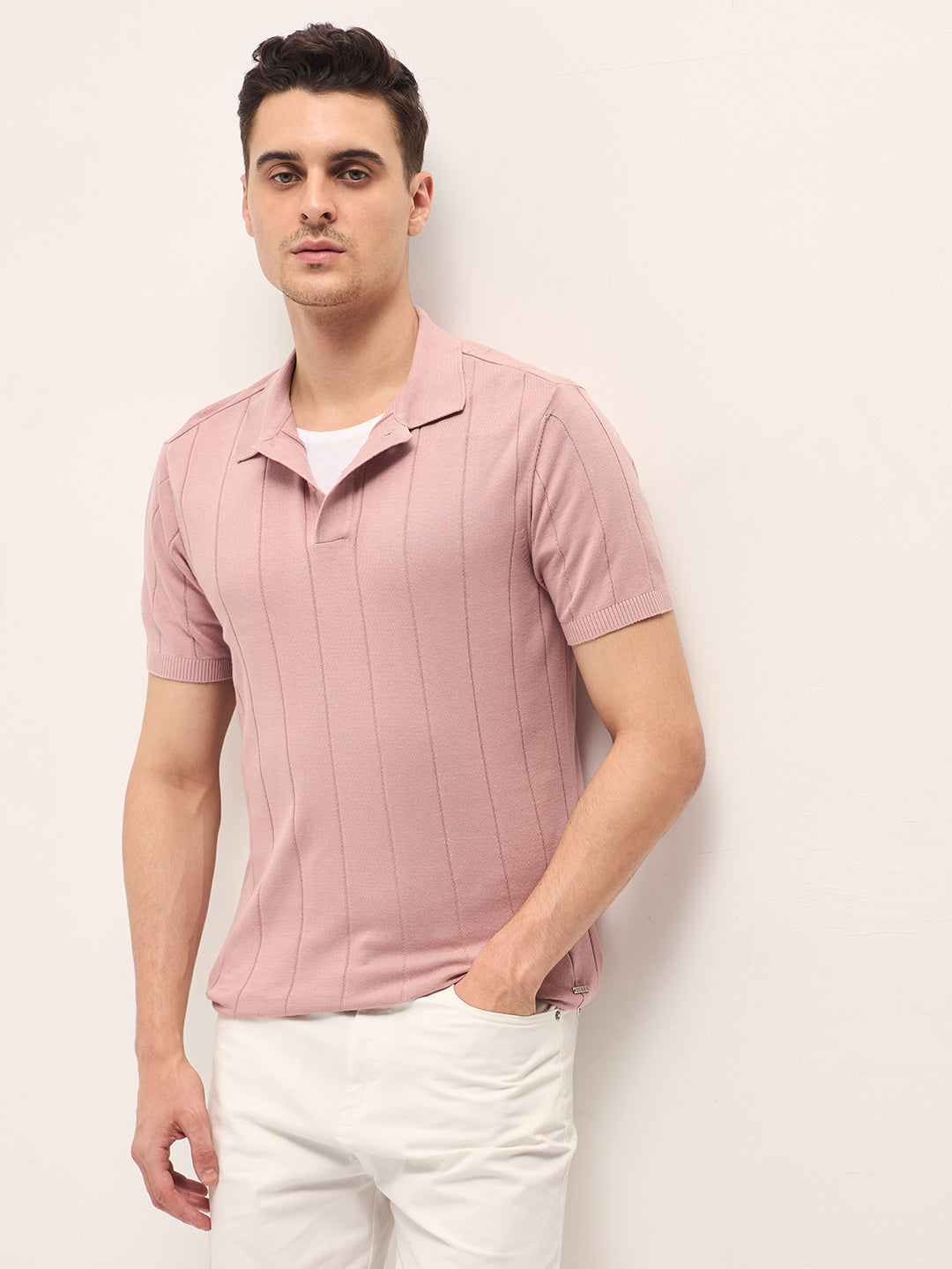 Men Pink Self-Striped Design Slim Fit Polo