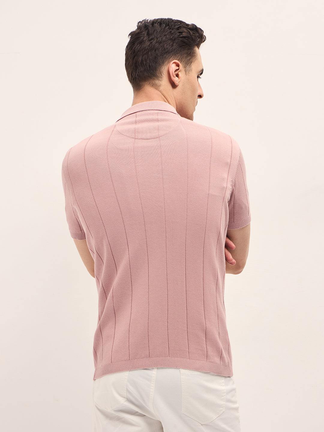 Men Pink Self-Striped Design Slim Fit Polo
