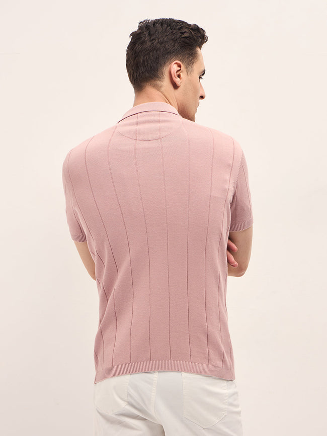 Men Pink Self-Striped Design Slim Fit Polo