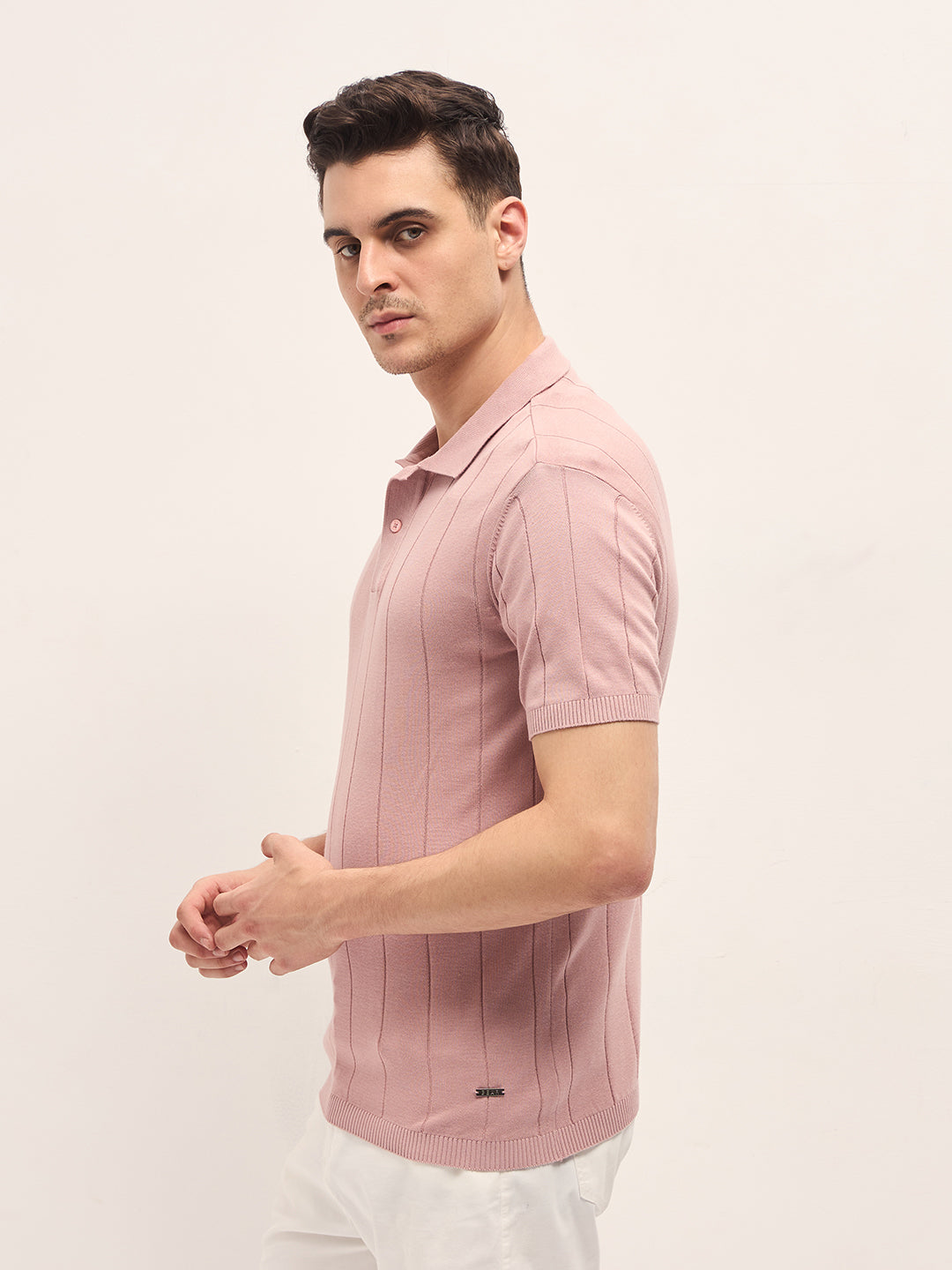 Men Pink Self-Striped Design Slim Fit Polo