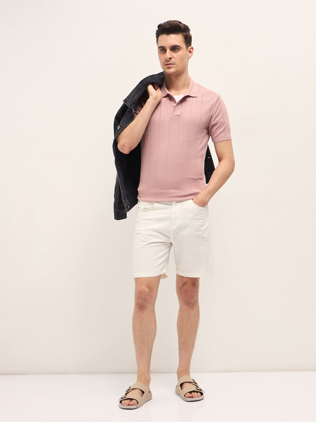 Men Pink Self-Striped Design Slim Fit Polo