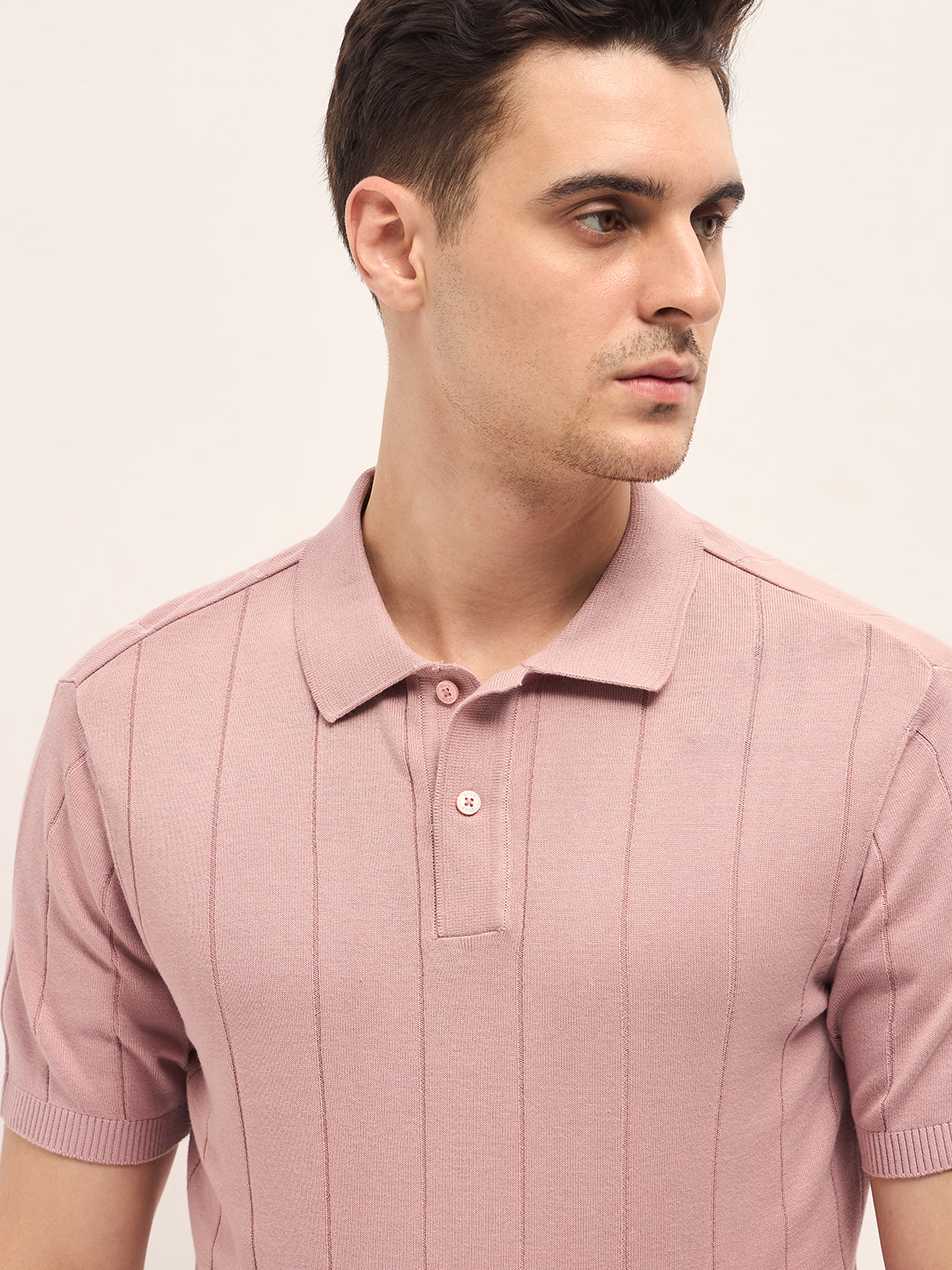 Men Pink Self-Striped Design Slim Fit Polo