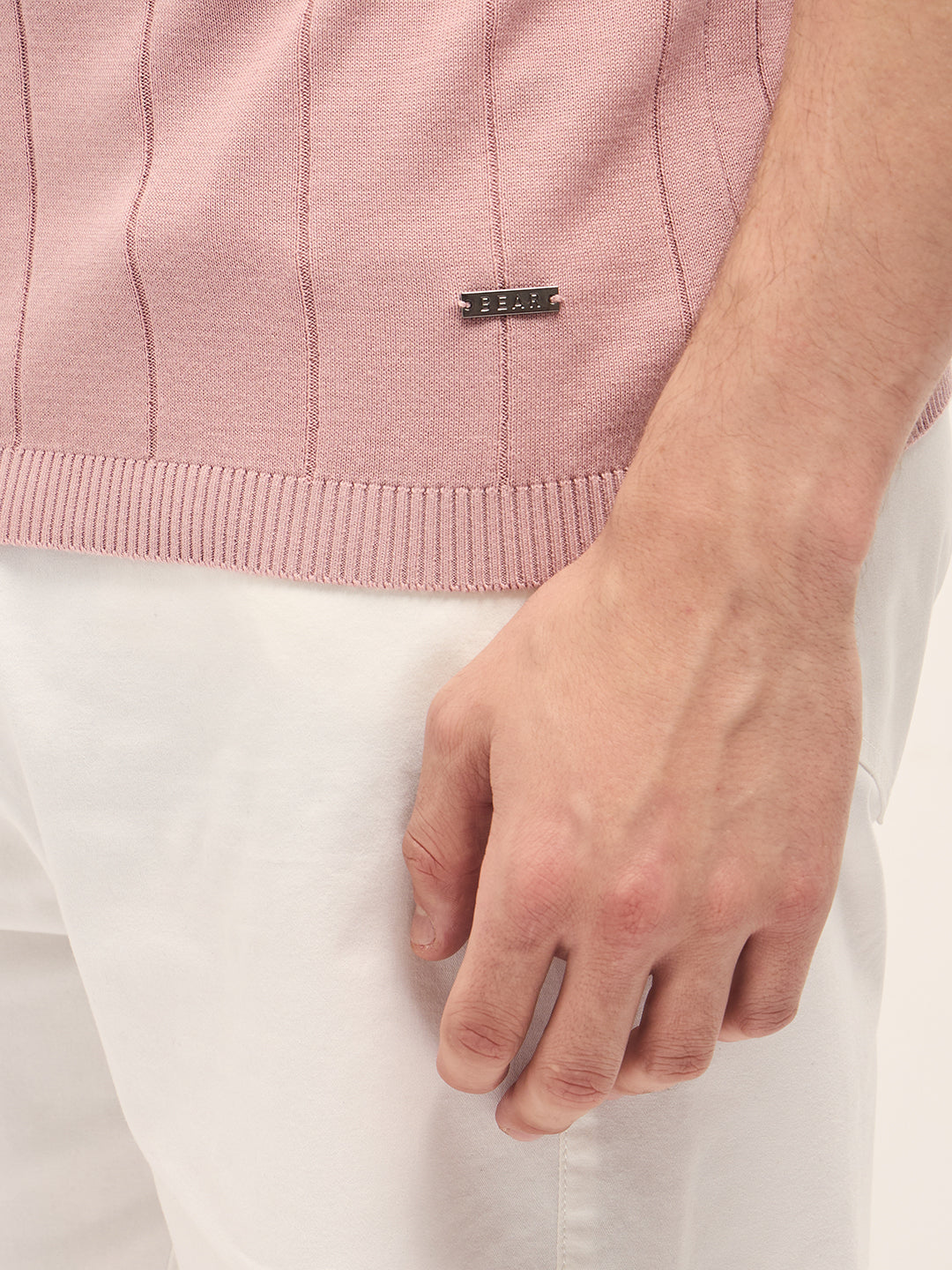 Men Pink Self-Striped Design Slim Fit Polo