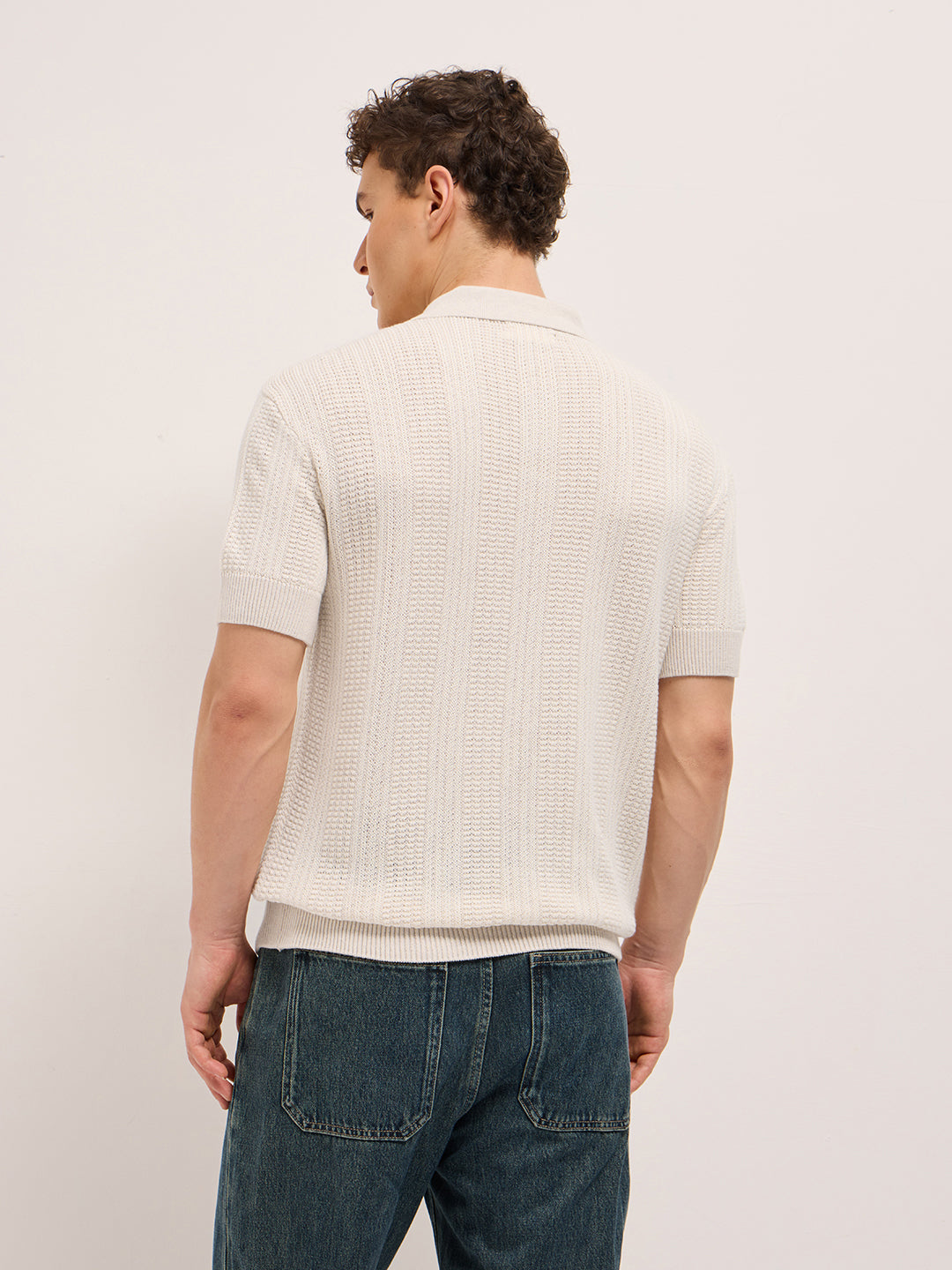 Men Beige Vertical Textured Flat Knit Slim Fit Polo Shirt
