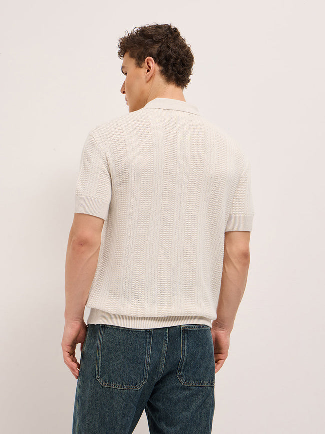 Men Beige Vertical Textured Flat Knit Slim Fit Polo Shirt