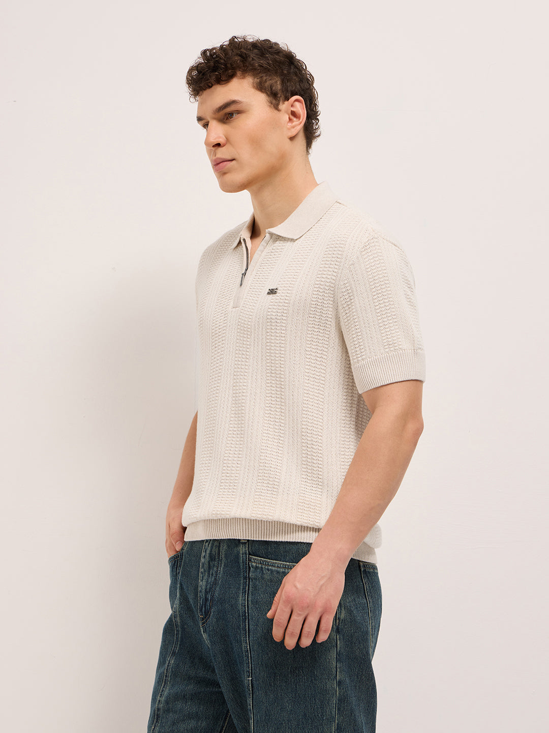 Men Beige Vertical Textured Flat Knit Slim Fit Polo Shirt