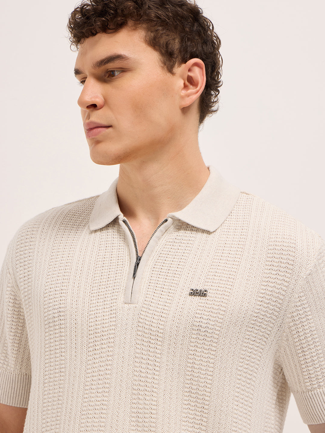 Men Beige Vertical Textured Flat Knit Slim Fit Polo Shirt