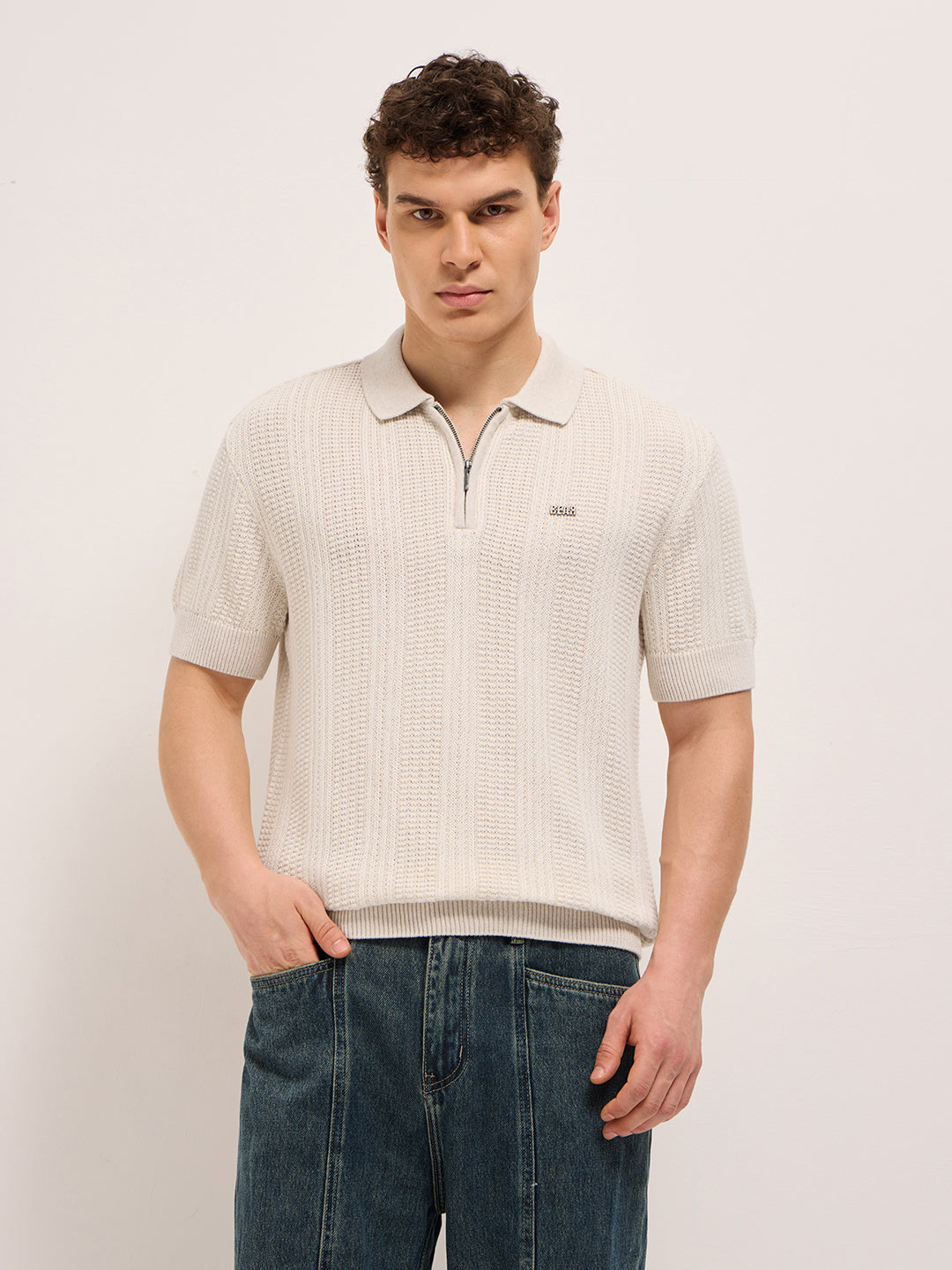 Men Beige Vertical Textured Flat Knit Slim Fit Polo Shirt
