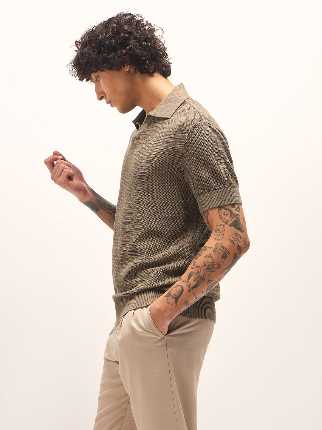 Men Brown Texture Design Regular Fit Polo