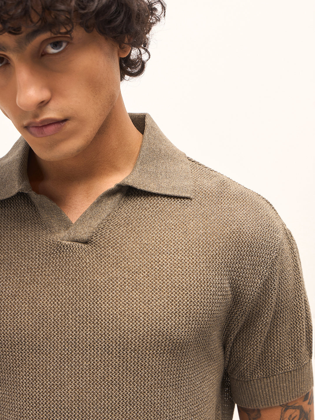 Men Brown Texture Design Regular Fit Polo