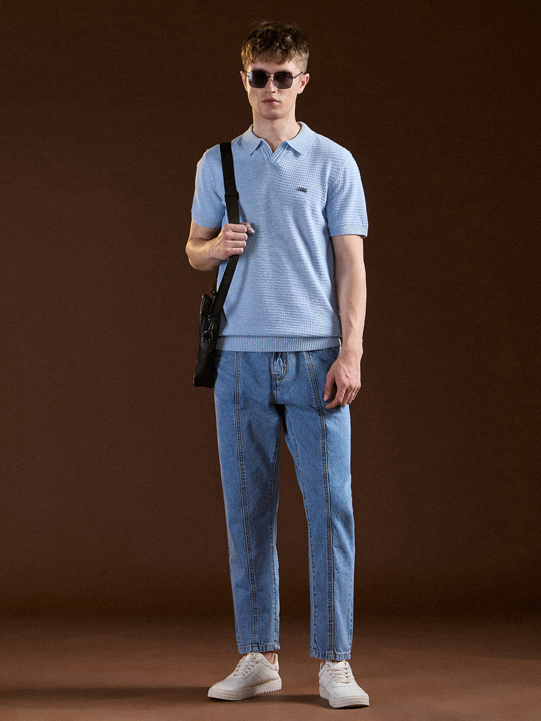 Men Blue Textured Slim Fit V-Notch Style Polo