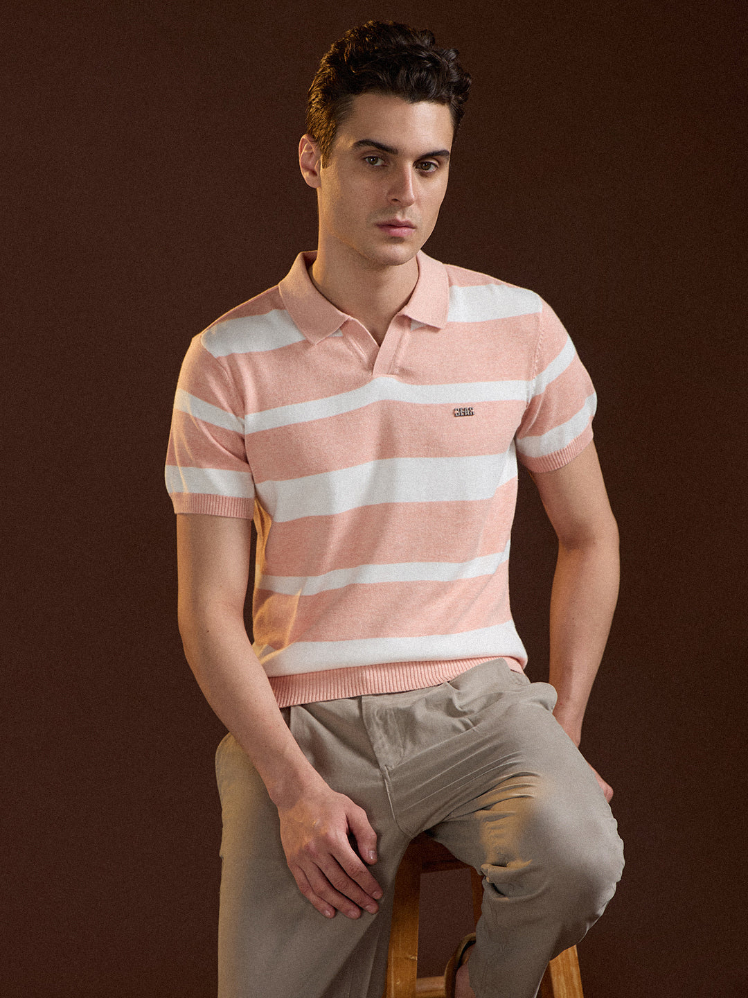 Men Peach Striped Slim Fit Polo