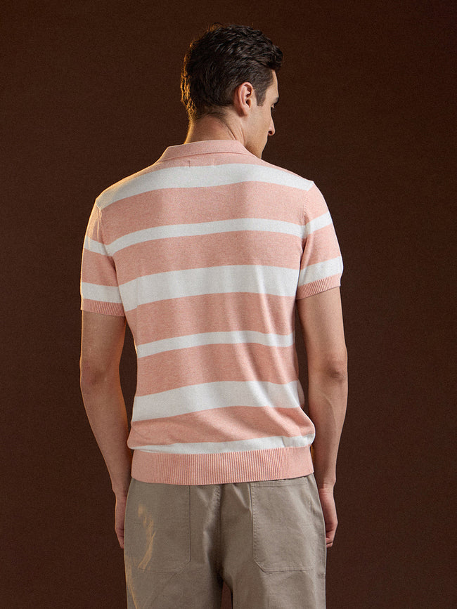 Men Peach Striped Slim Fit Polo
