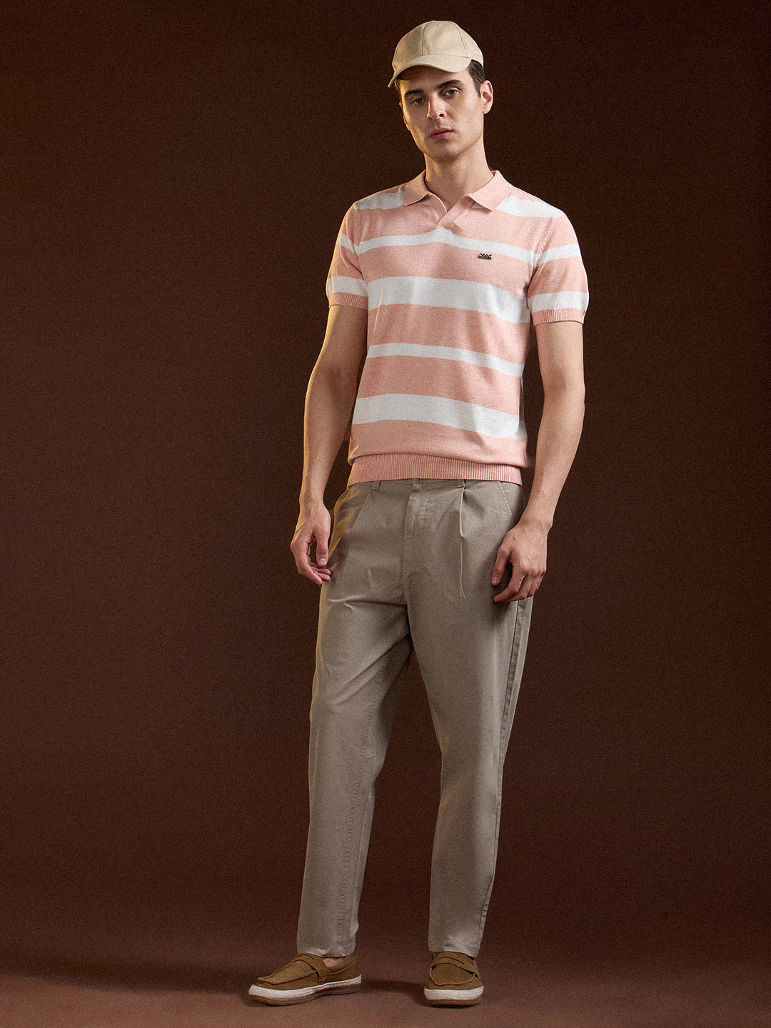 Men Peach Striped Slim Fit Polo
