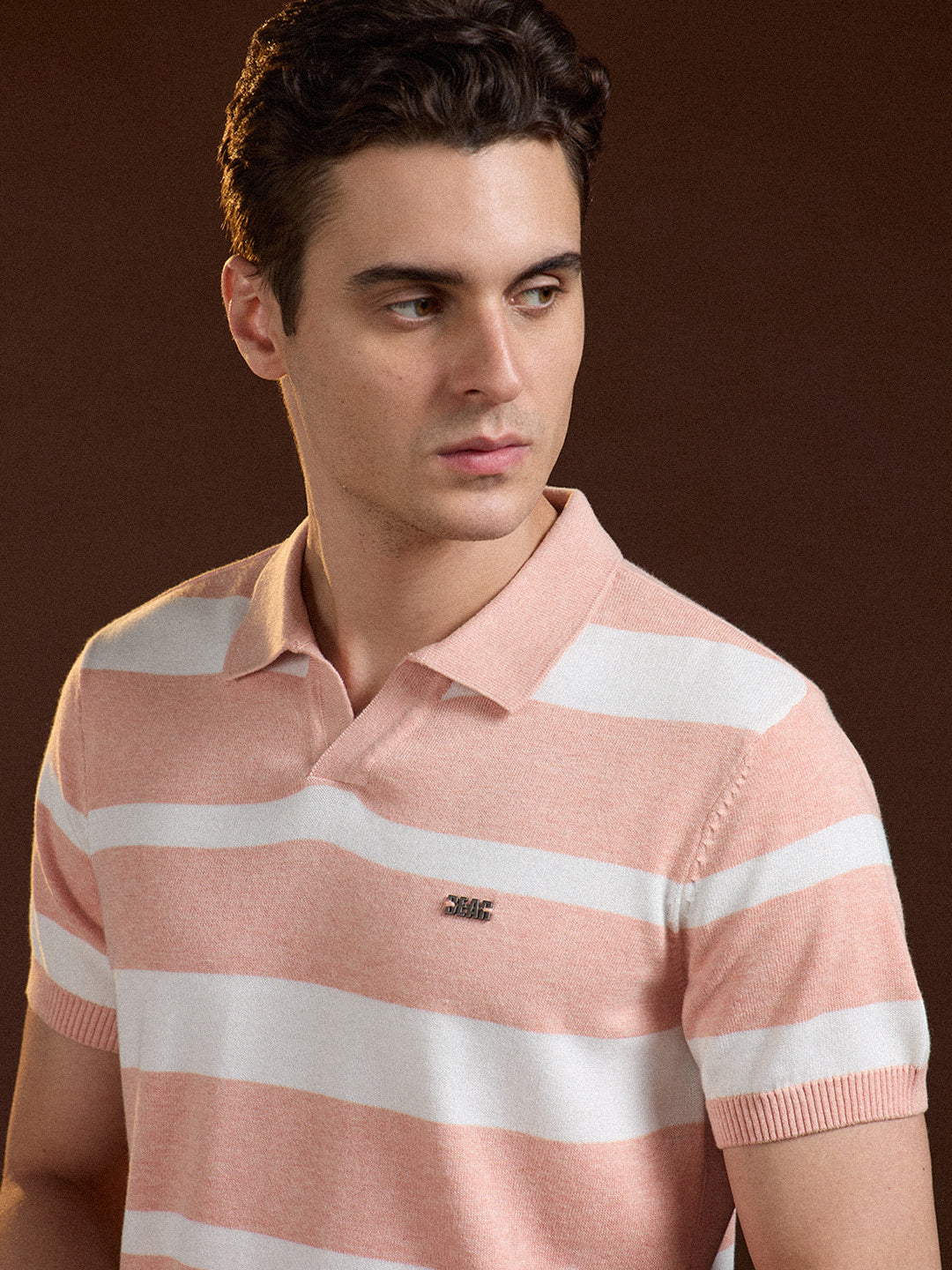 Men Peach Striped Slim Fit Polo
