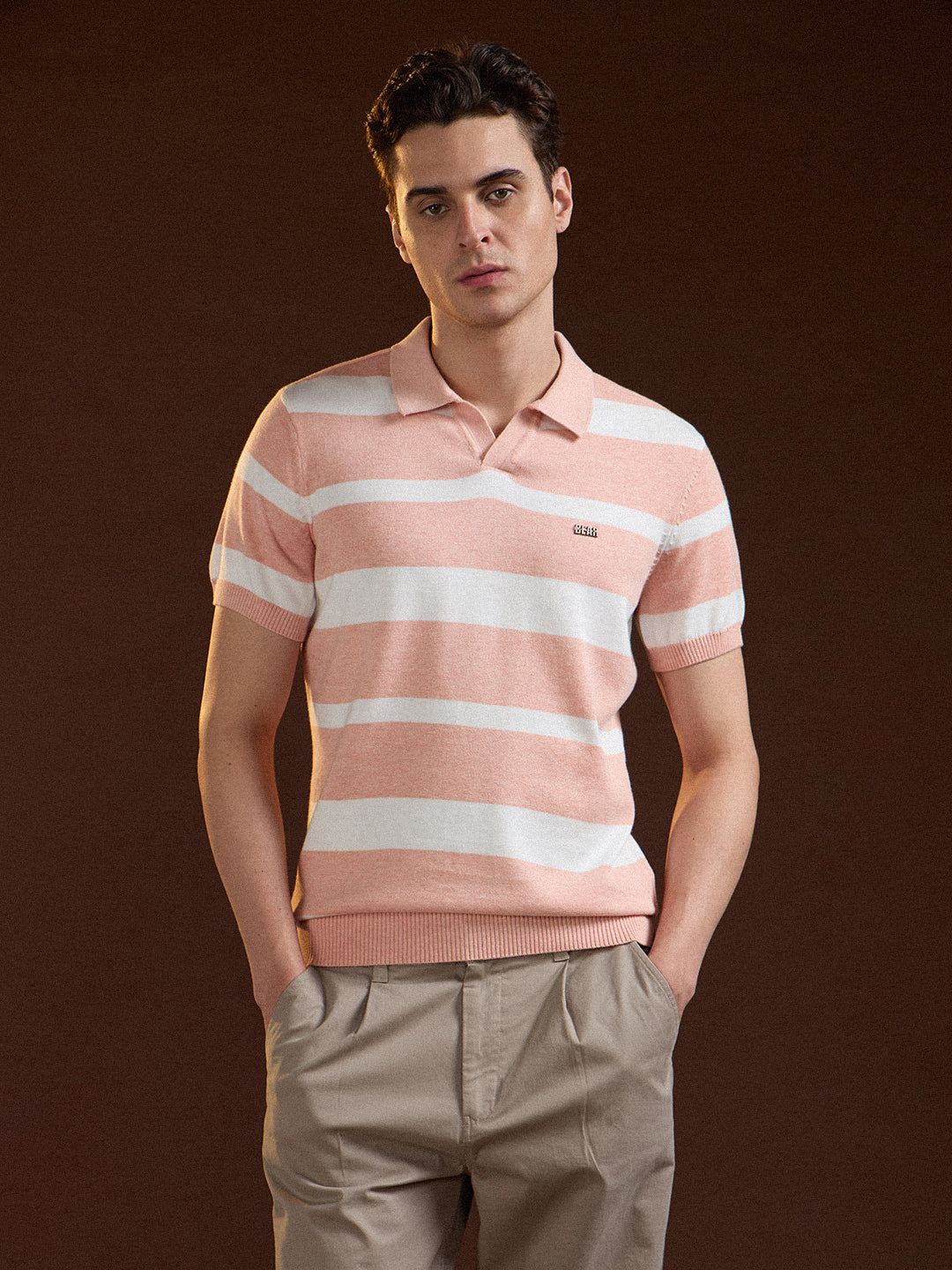 Men Peach Striped Slim Fit Polo