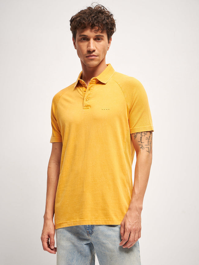 Men Orange Self Design Regular Fit Polo Collar T-shirt