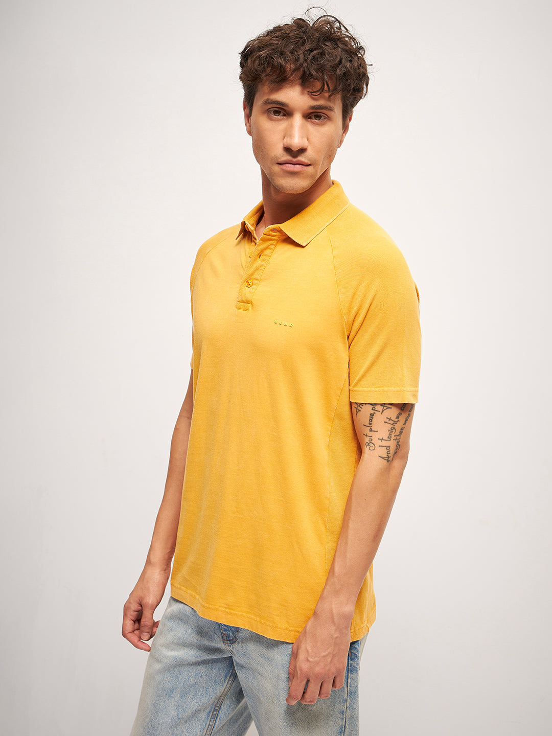 Men Orange Self Design Regular Fit Polo Collar T-shirt