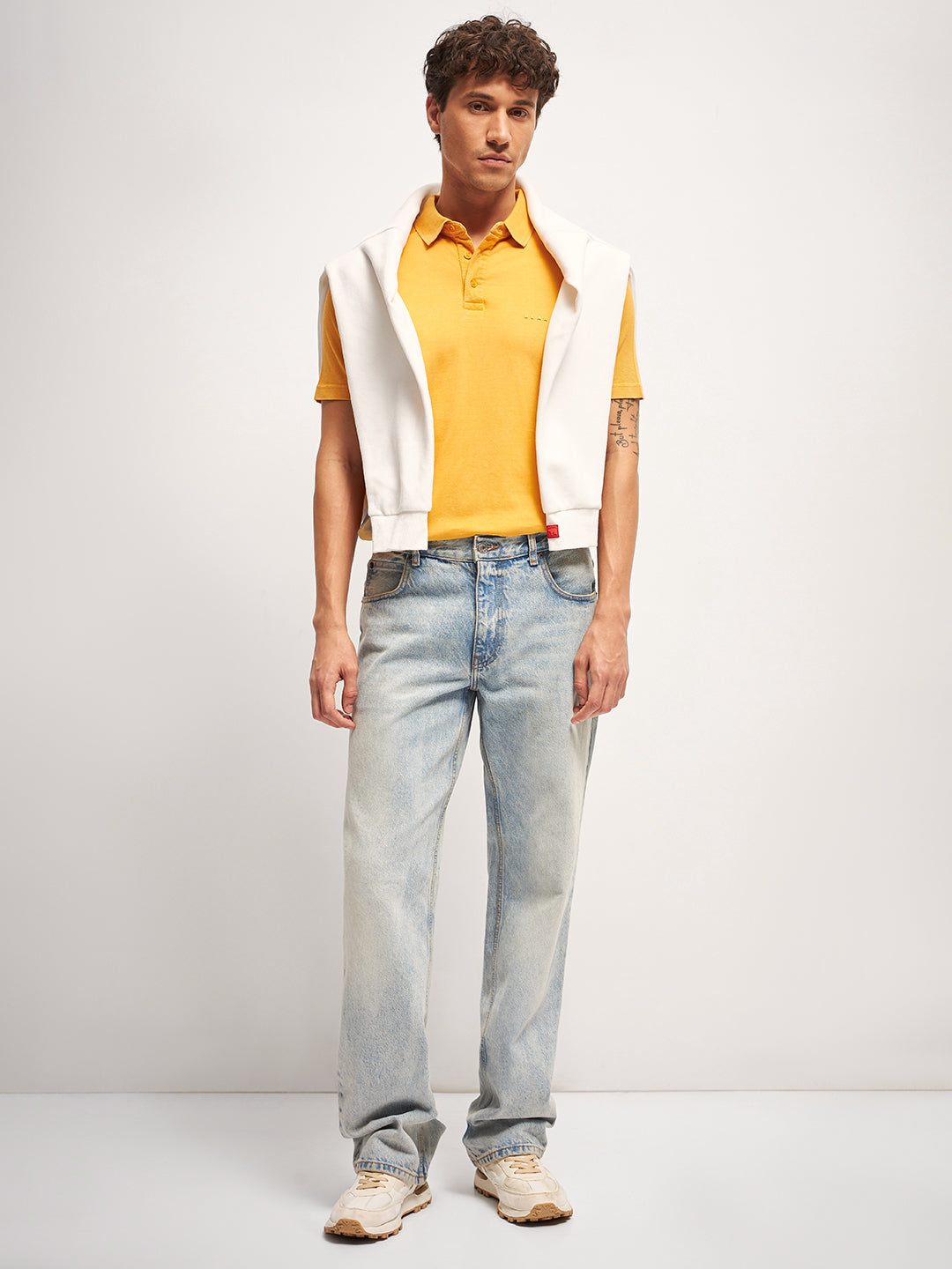 Men Orange Self Design Regular Fit Polo Collar T-shirt