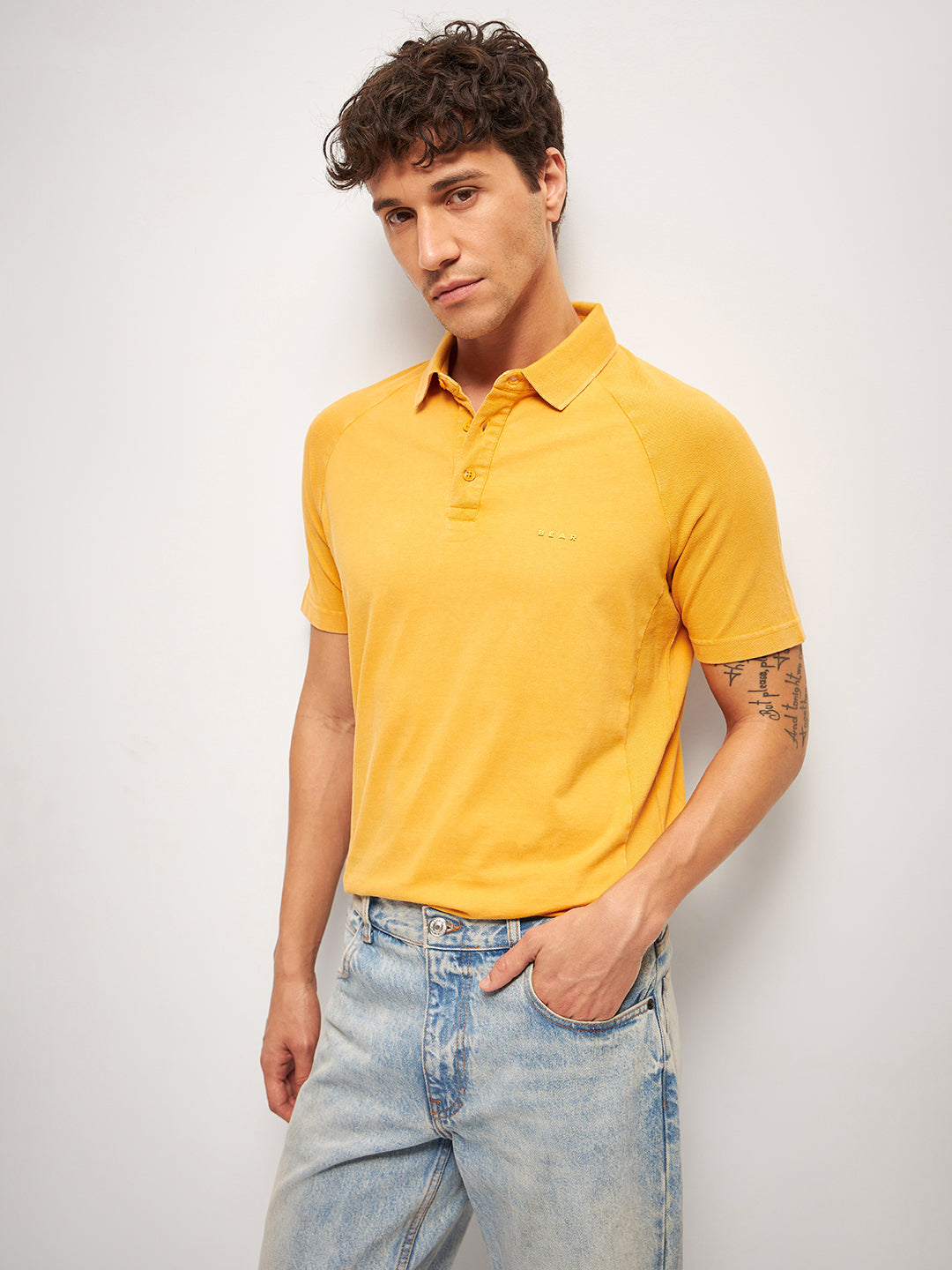 Men Orange Self Design Regular Fit Polo Collar T-shirt