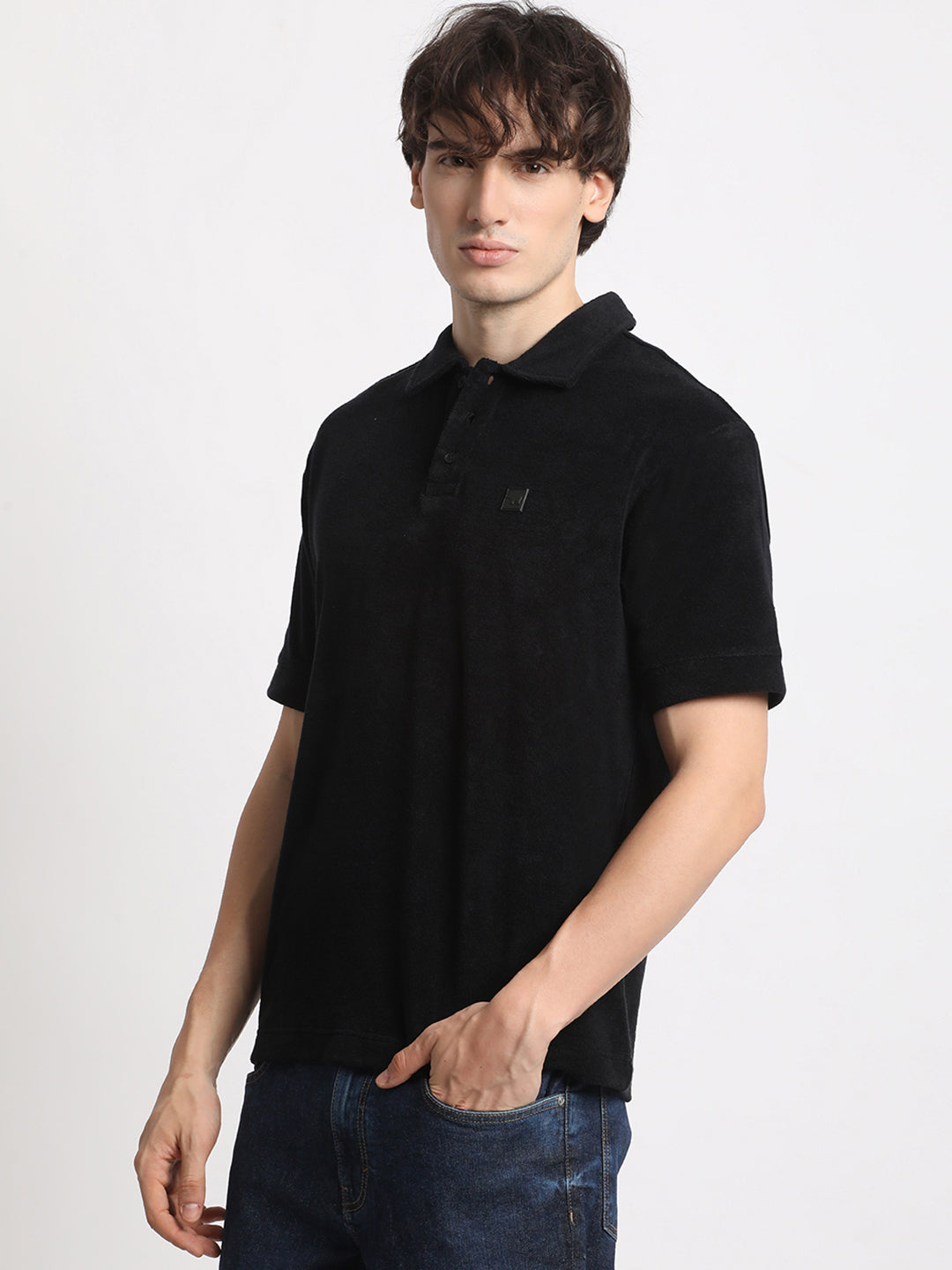 Men  Black Solid Relaxed Fit Polo T-shirt