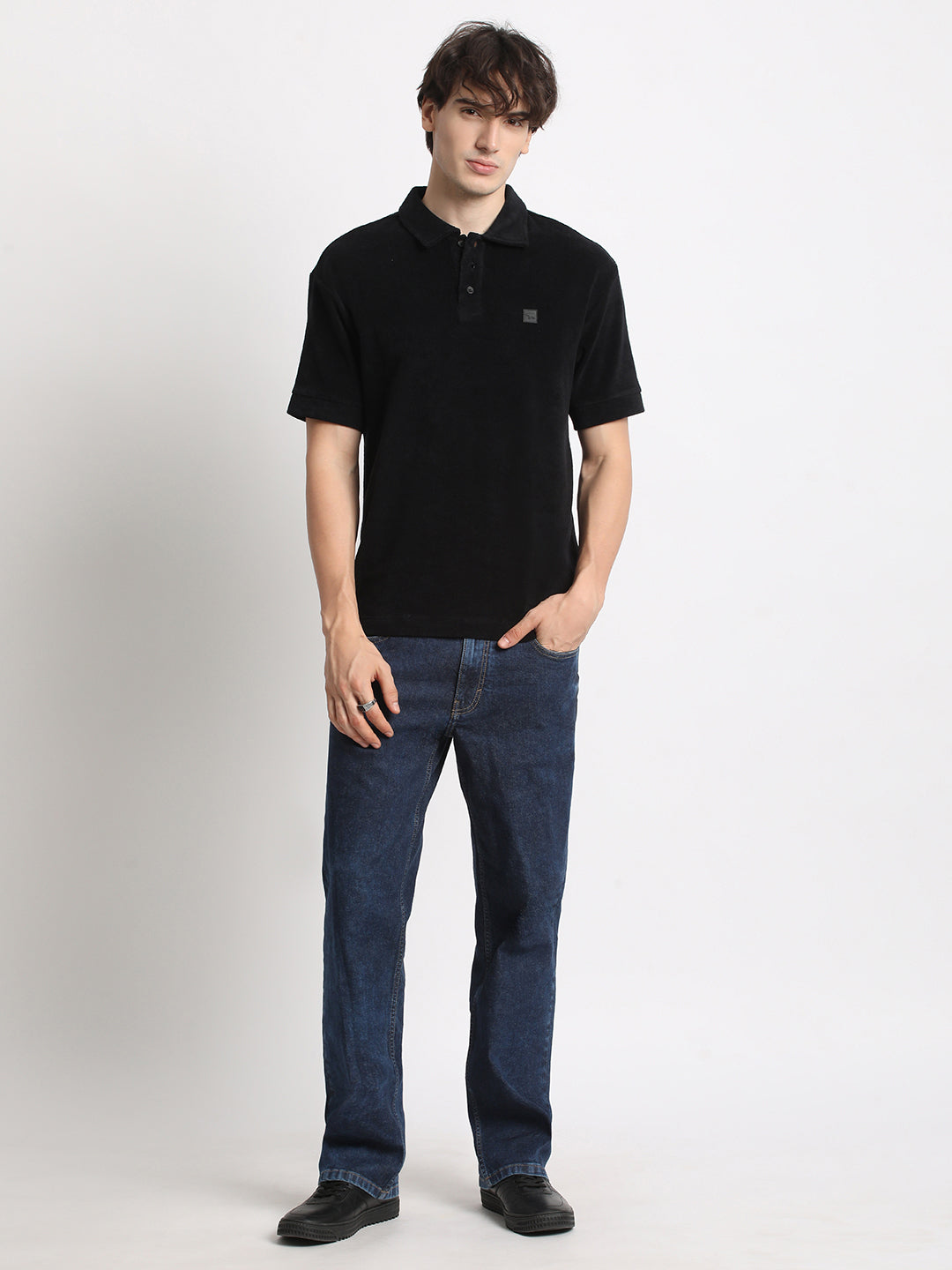 Men  Black Solid Relaxed Fit Polo T-shirt