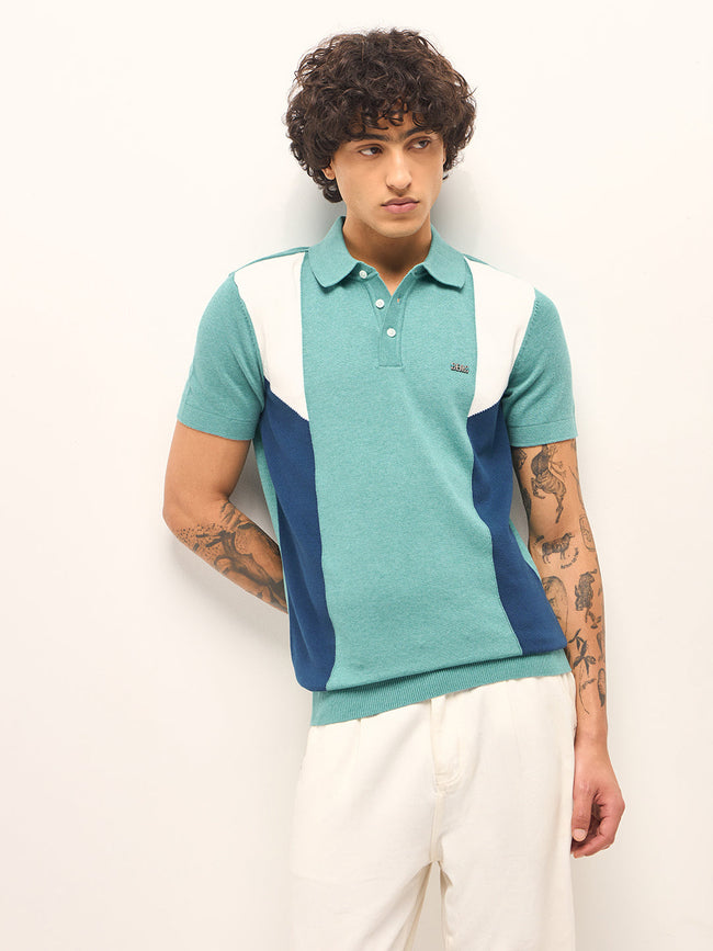 Men Multicolor Colourblock Flat Knit Polo