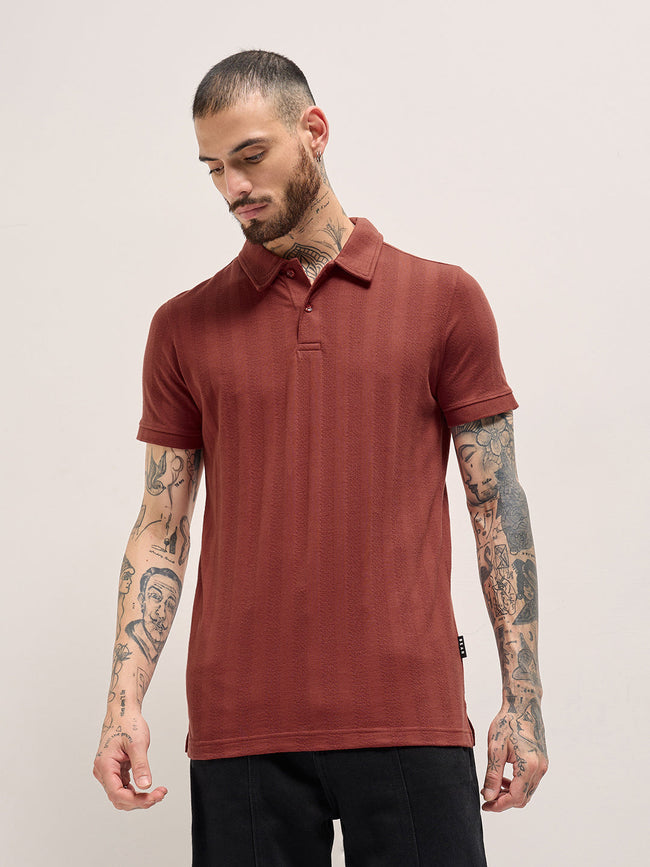 Men Rust Texture Self-Striped Design Slim Fit Polo