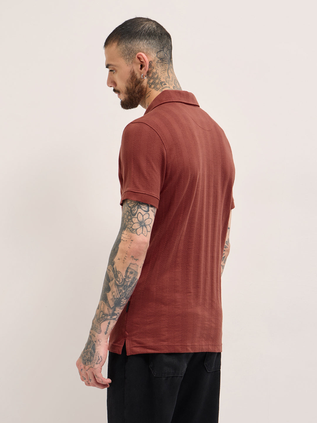 Men Rust Texture Self-Striped Design Slim Fit Polo