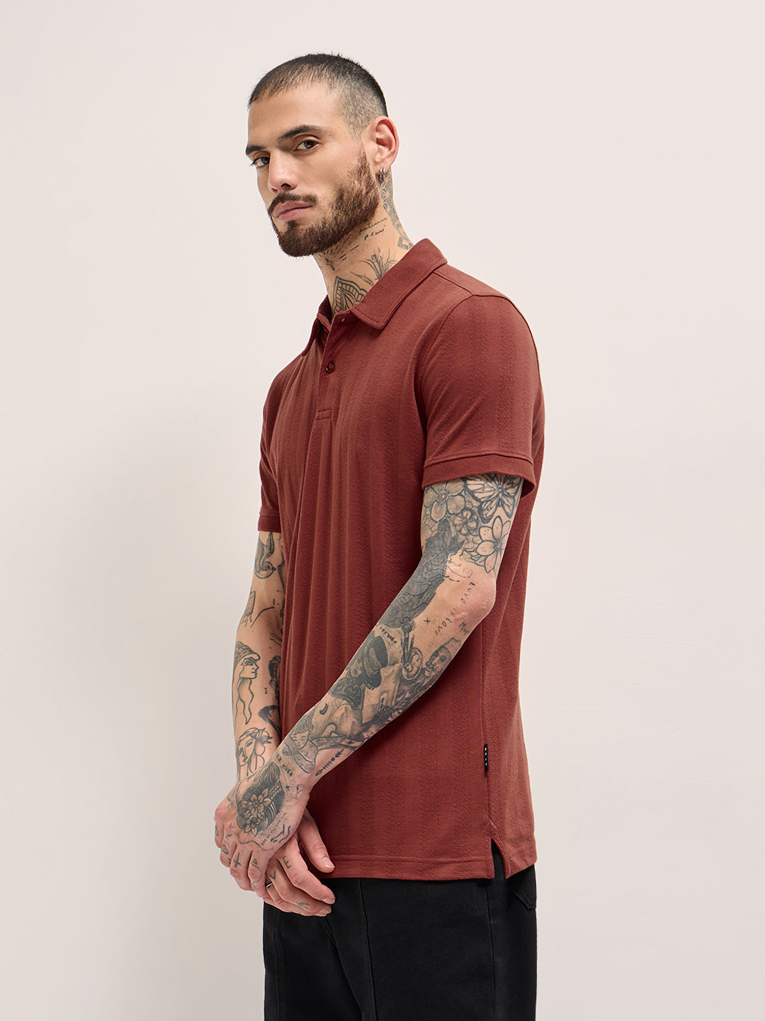 Men Rust Texture Self-Striped Design Slim Fit Polo