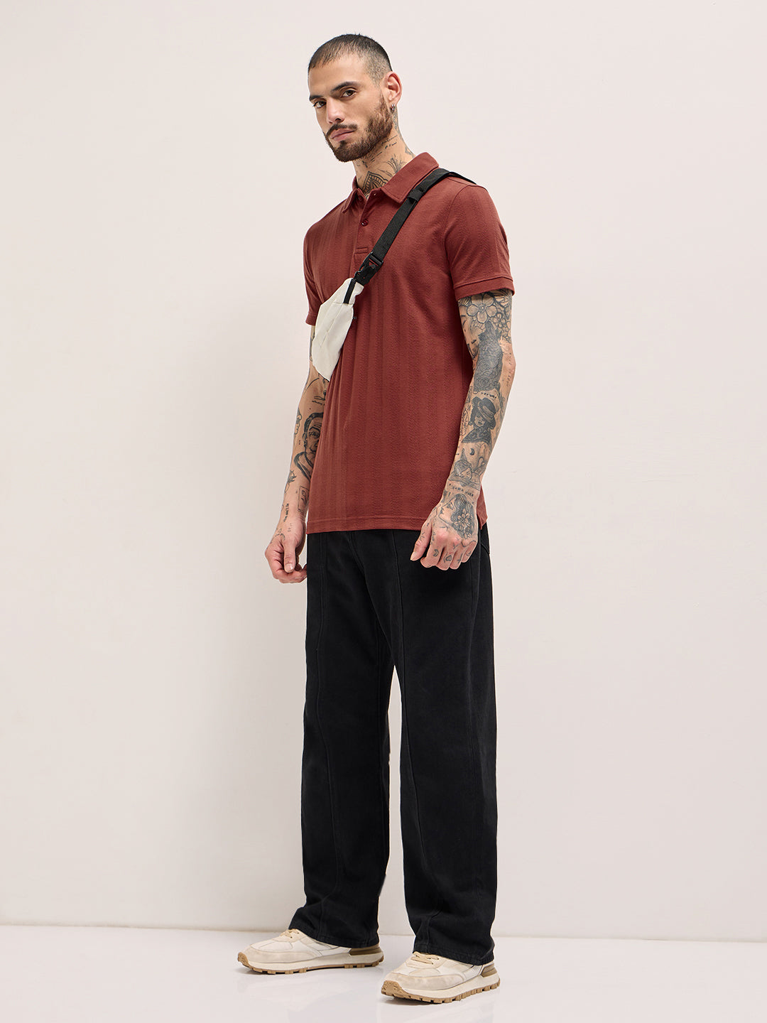 Men Rust Texture Self-Striped Design Slim Fit Polo