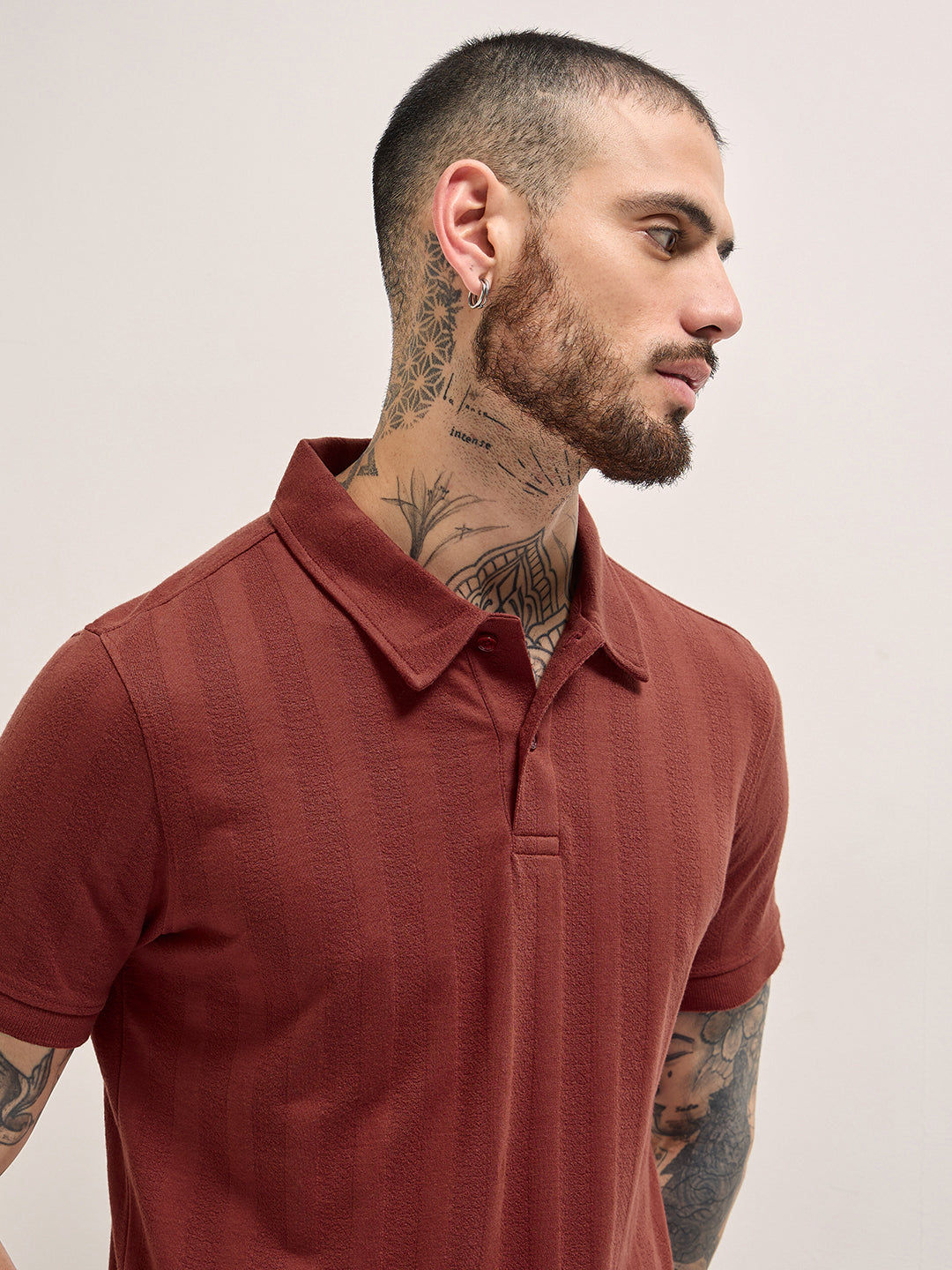 Men Rust Texture Self-Striped Design Slim Fit Polo