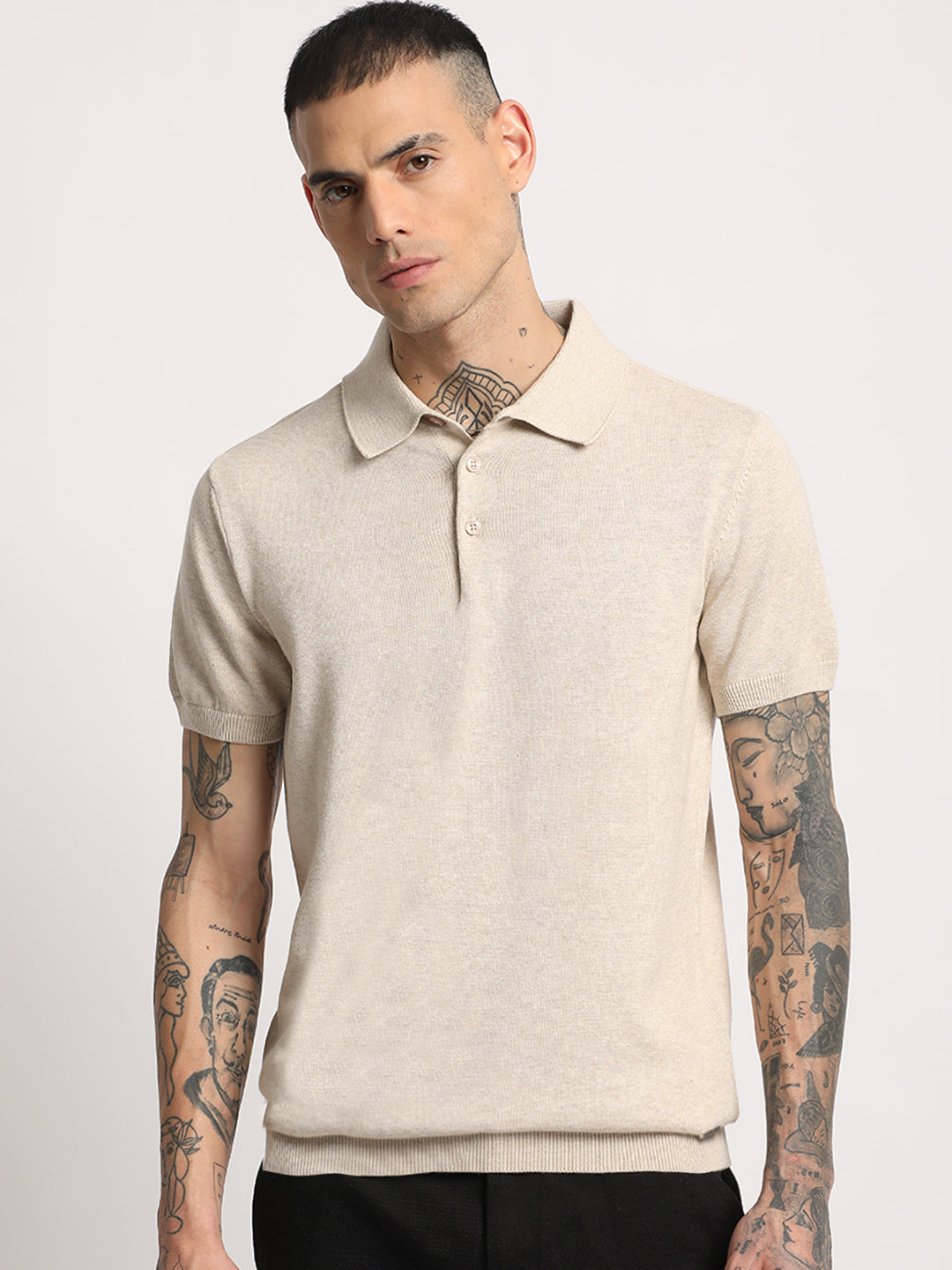 Men Beige Solid Regular Fit Polo Collar T-shirt