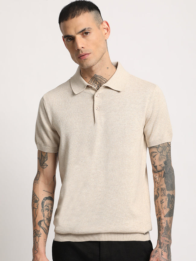 Men Beige Solid Regular Fit Polo Collar T-shirt