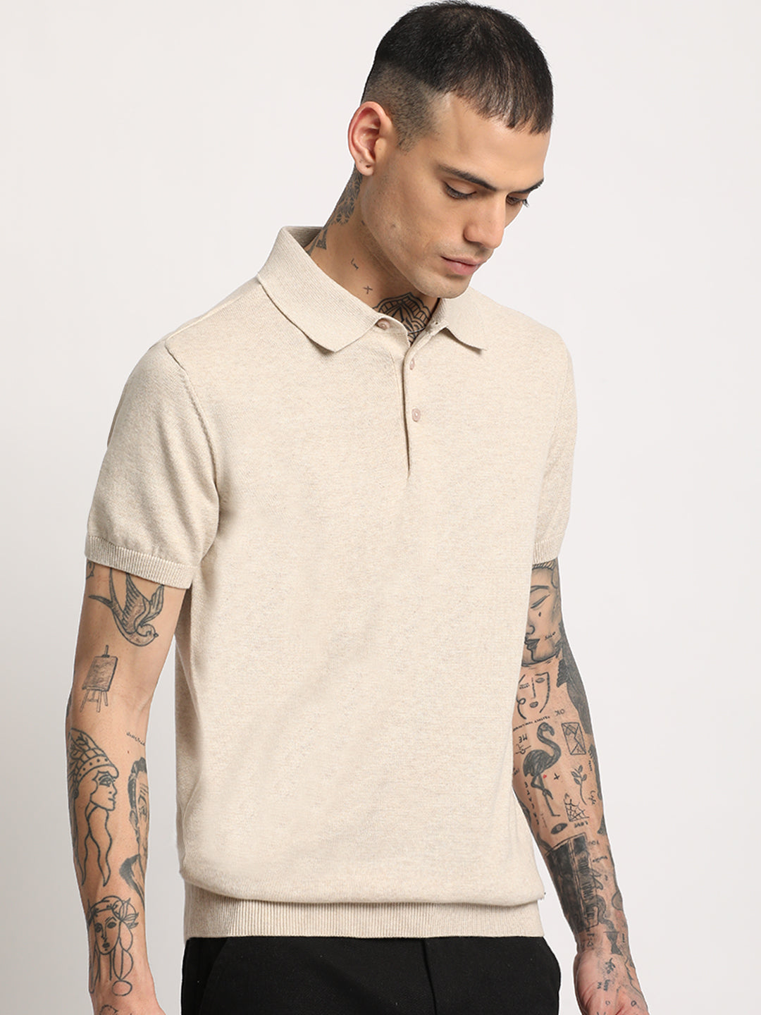 Men Beige Solid Regular Fit Polo Collar T-shirt