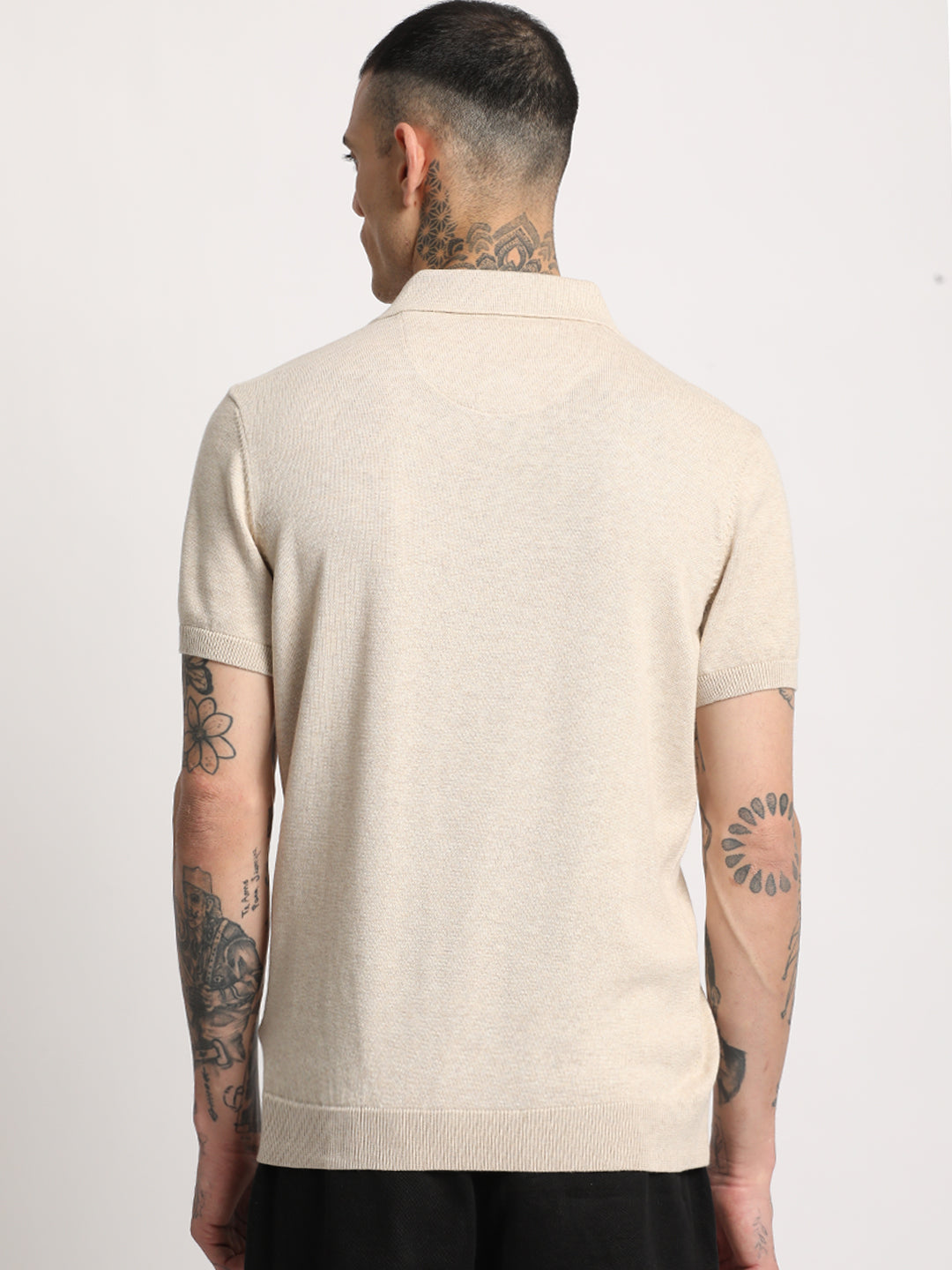 Men Beige Solid Regular Fit Polo Collar T-shirt