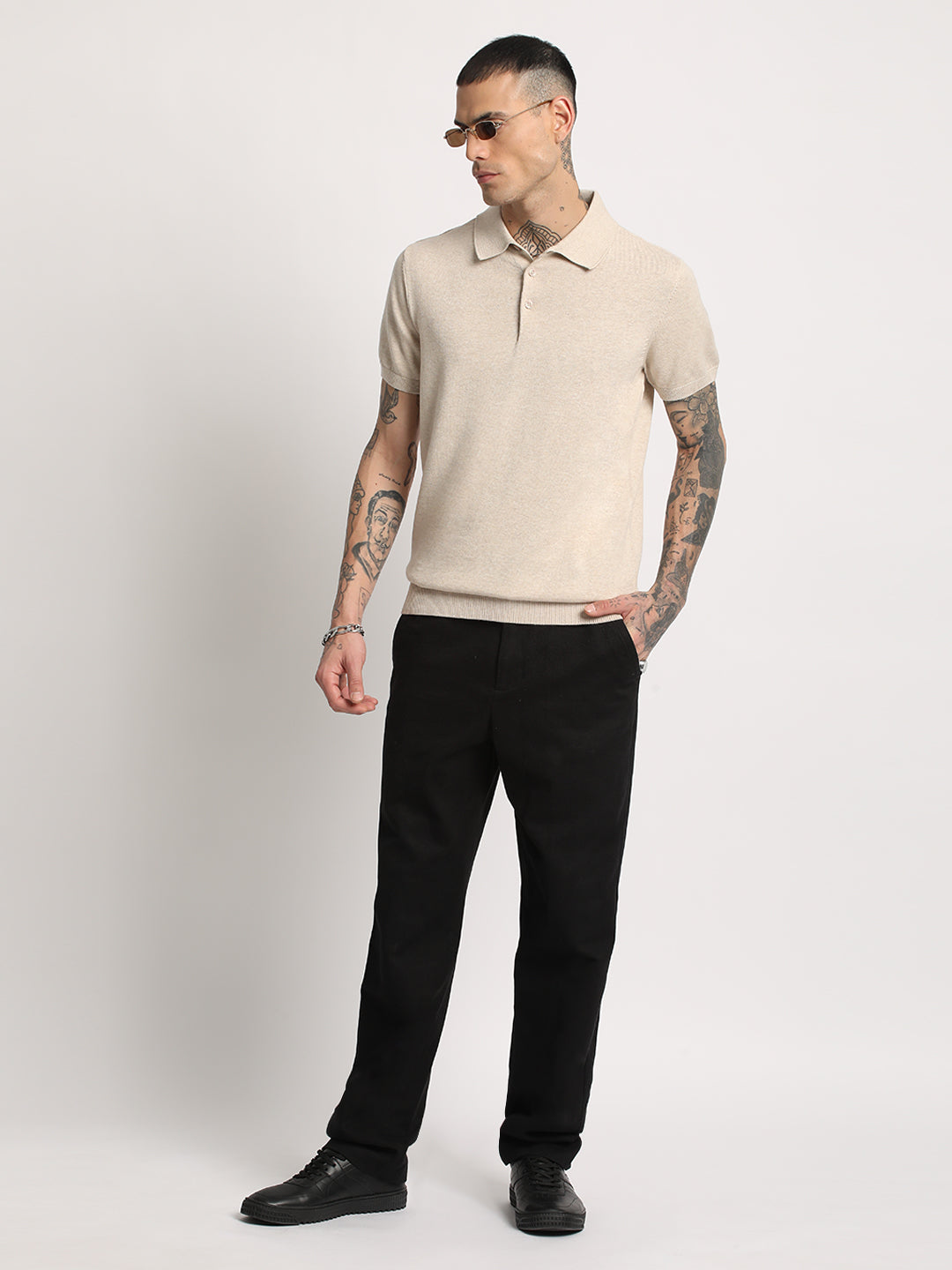 Men Beige Solid Regular Fit Polo Collar T-shirt