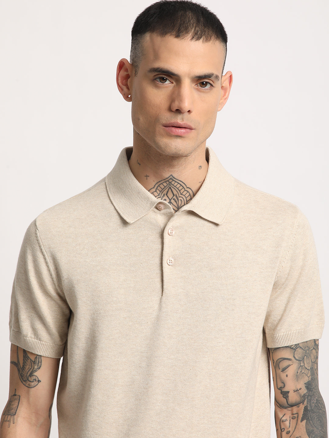 Men Beige Solid Regular Fit Polo Collar T-shirt