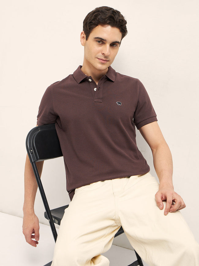 Men Brown Solid Regular Fit Polo