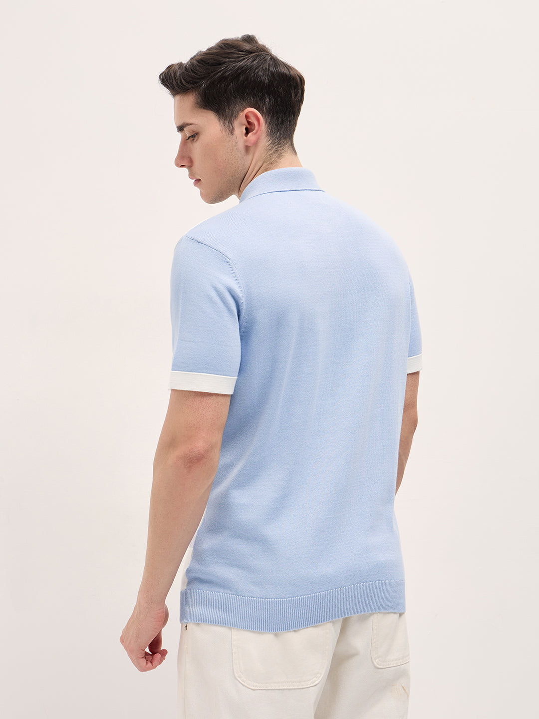 Men Blue & White Color Block Knit Design Regular Fit Polo