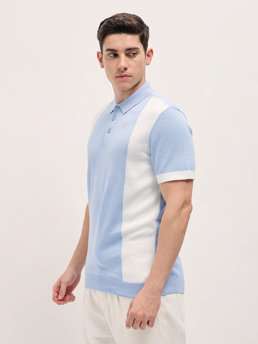 Men Blue & White Color Block Knit Design Regular Fit Polo