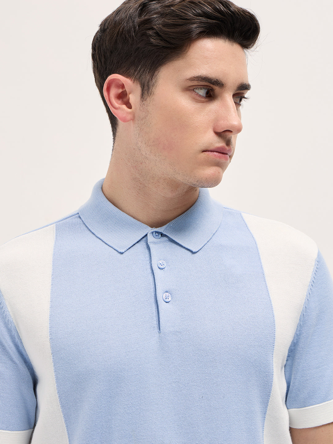 Men Blue & White Color Block Knit Design Regular Fit Polo