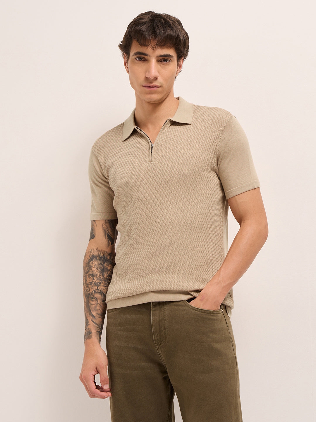 Men Cotton Textured Polo T-Shirt
