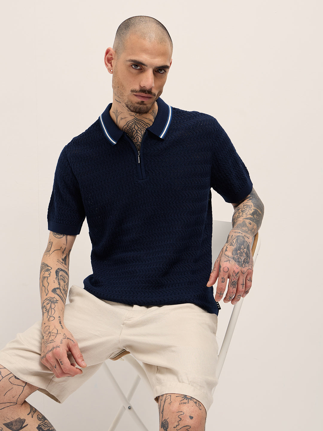 Men Navy Blue Textured Knit Design Regular Fit Polo